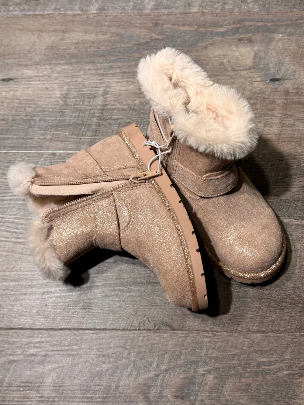 Rose Gold Glitter Faux-Fur Bow Ankle Boots